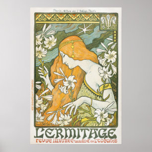 Elegant Art Nouveau Kvinna Vit Lilja Illustration Poster