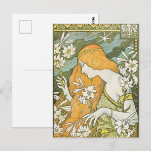 Elegant Art Nouveau-kvinna vit lilja-illustration Vykort