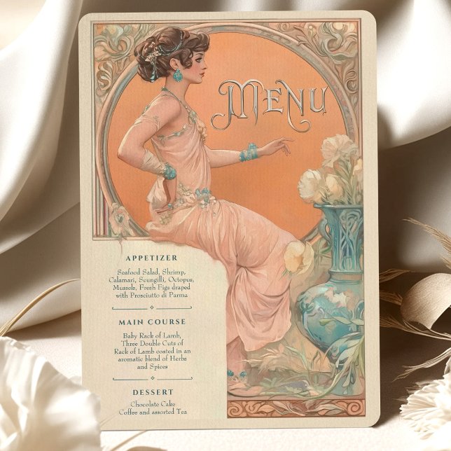 Elegant Art nouveau-menykort för Bröllop Koral ska Inbjudningar (Skapare uppladdad)