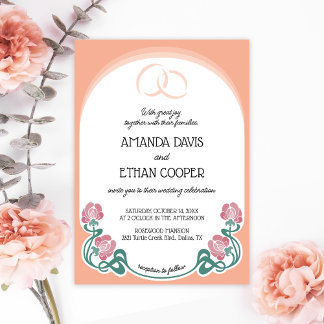 Elegant Art nouveau Peach Färg Bröllop Inbjudningar
