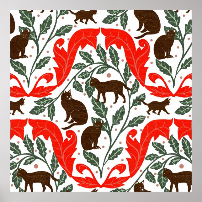 Elegant Art nouveau Red Brown-Black Cat Poster (Framsidan)