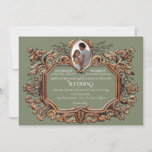 Elegant Art nouveau Rococo Guld Sage Photo Bröllop Inbjudningar