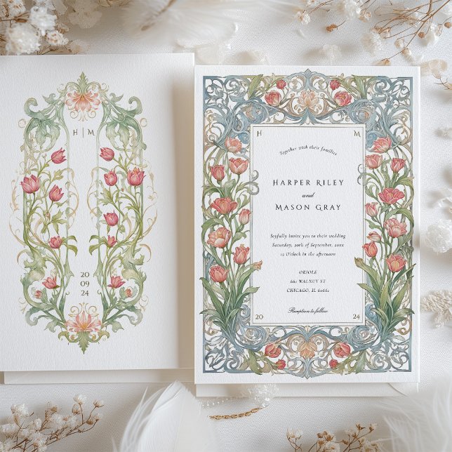 Elegant Art nouveau Röda tupplur Bröllop Inbjudningar (Skapare uppladdad)