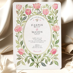 Elegant Art Nouveau Rosa Blommig Bröllop Inbjudningar