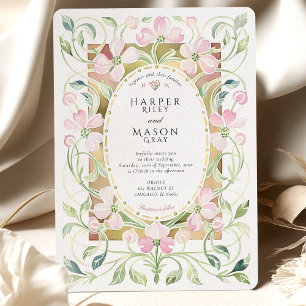Elegant Art Nouveau Rosa Blommig Guld Ram Bröllop Inbjudningar