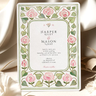 Elegant Art nouveau Rosa ros Garden Wedding Weddin Inbjudningar