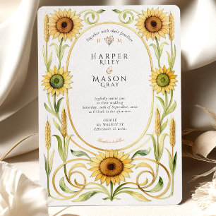Elegant Art nouveau Solros och vete Guld Bröllop Inbjudningar
