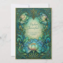 Elegant Art Nouveau Teal Floral Antique Wedding Inbjudningar