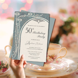 Elegant Art nouveau Teal & Silver Blommigt födelse Inbjudningar