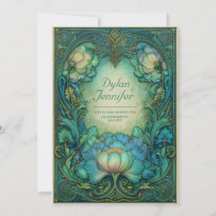 Elegant Art Nouveau Turkos Blommig Antik Bröllop Inbjudningar