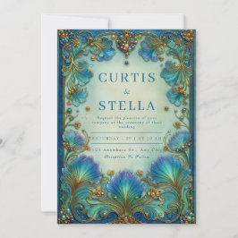 Elegant Art Nouveau Turkos Blommig Antik Bröllop Inbjudningar