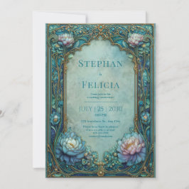 Elegant Art Nouveau Turkos Blommig Valvbåge Bröllo Inbjudningar