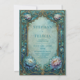 Elegant Art Nouveau Turkos Blommig Valvbåge Bröllo Inbjudningar
