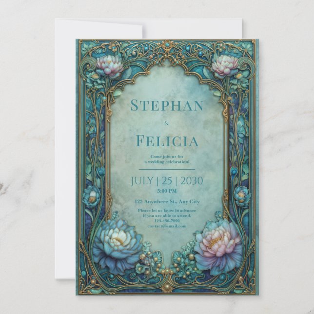 Elegant Art Nouveau Turkos Blommig Valvbåge Bröllo Inbjudningar (Framsida)