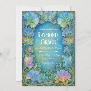 Elegant Art Nouveau Turkos Mosaik Blommig Bröllop Inbjudningar