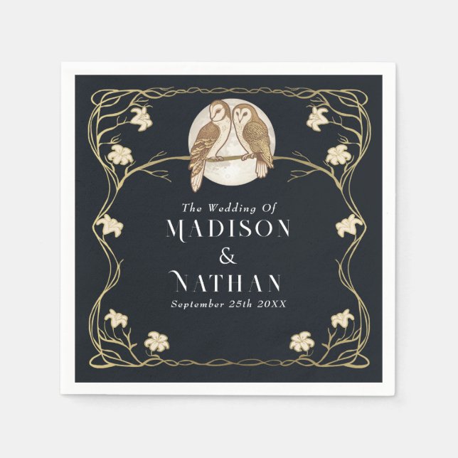 Elegant Art nouveau Uggla Bröllop Pappersservett (Framsidan)