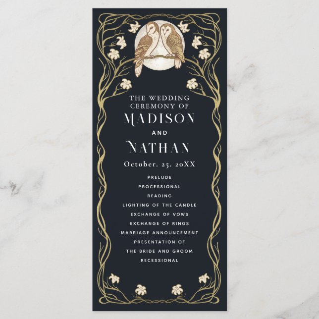 Elegant Art nouveau Uggla Bröllop Program (Framsida)