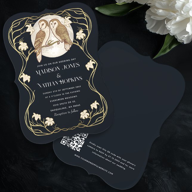 Elegant Art nouveau Uggla QR-koden Bröllop Inbjudningar (Skapare uppladdad)