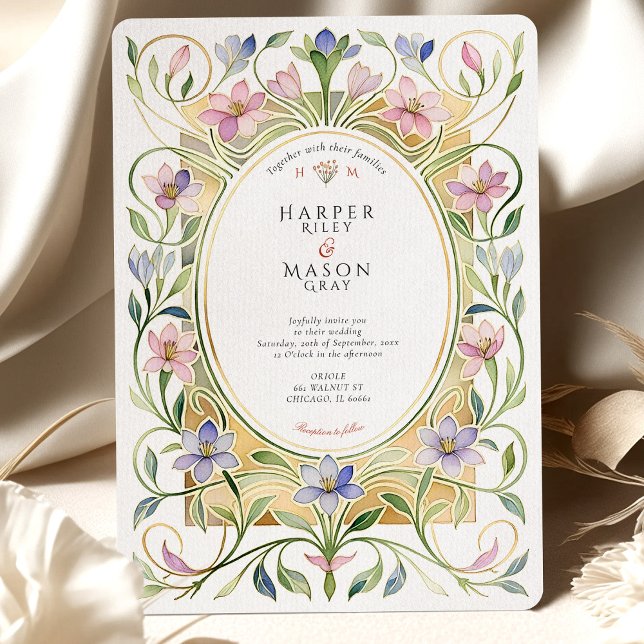 Elegant Art Nouveau Vårblomma Guld Bröllop Inbjudningar (Skapare uppladdad)