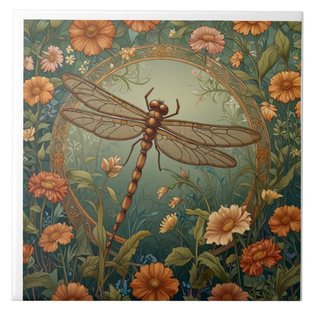 Elegant Art Nouveau vårgrön Trollslända Kakelplatta (Framsidan)