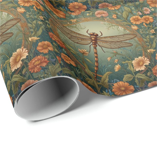 Elegant Art Nouveau vårgrön Trollslända Presentpapper (Rullad Hörn)
