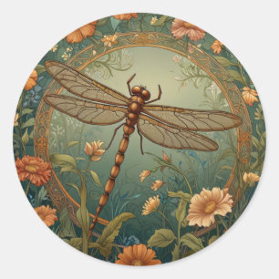 Elegant Art Nouveau vårgrön Trollslända Runt Klistermärke