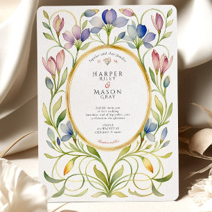 Elegant Art nouveau Wildblomma Guld Ram Bröllop Inbjudningar