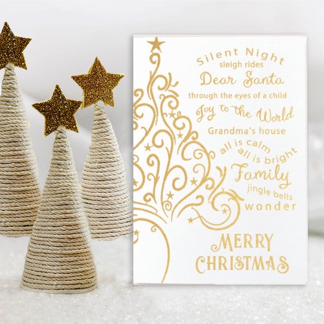Elegant Artsy Julgran on White Folierat Kort (Enjoy the holidays with this swirly elegant gold foil card with words surrounding Christmas.)