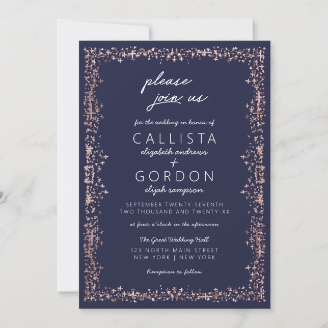 Elegant Artsy Navy Blue Ro Guld Gräns Bröllop Inbjudningar (Framsida)