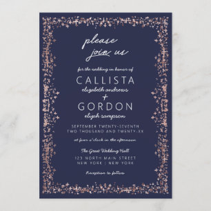 Elegant Artsy Navy Blue Ro Guld Gräns Bröllop Inbjudningar
