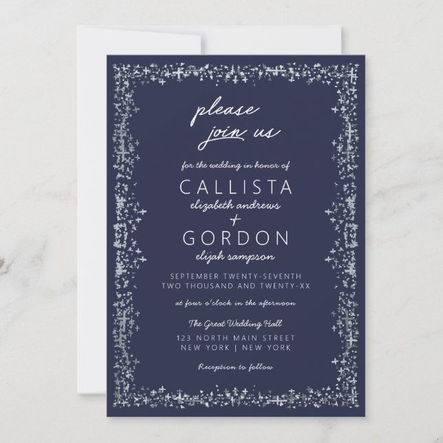 Elegant Artsy Navy Blue Silver Gräns Bröllop Inbjudningar (Framsida)