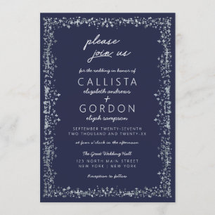 Elegant Artsy Navy Blue Silver Gräns Bröllop Inbjudningar