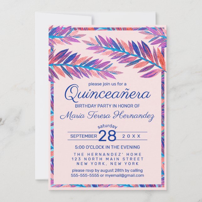 Elegant Artsy Tropical Lövs Acrylic Quinceañera Inbjudningar (Framsida)