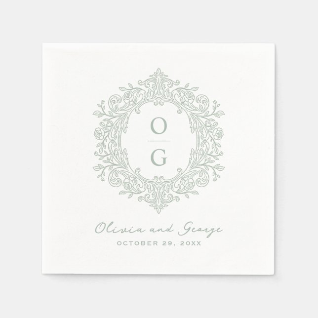 Elegant Arvsvärd Grön Bröllopsmonogram Pappersservett (Framsidan)