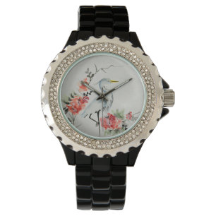 Elegant Asian Crane and Blommar Art Armbandsur