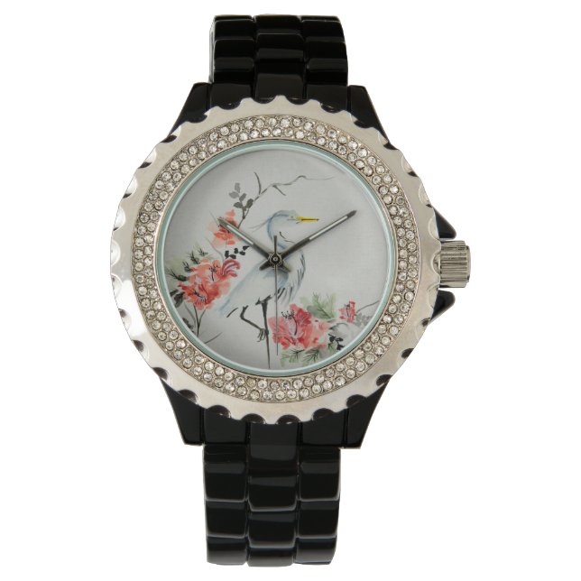 Elegant Asian Crane and Blommar Art Armbandsur (Framsida)