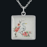 Elegant Asian Crane and Blommar Art Sterling Silver Halsband<br><div class="desc">Söt intrikar kran och blommor asiatisk målning.</div>