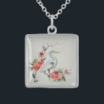 Elegant Asian Crane and Blommar Art Sterling Silver Halsband<br><div class="desc">Söt intrikar kran och blommor asiatisk målning.</div>