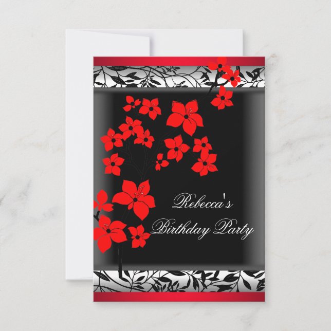 Elegant Asian Red Flowers White Black Inbjudningar (Framsida)