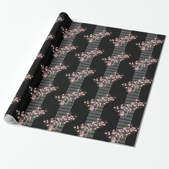 Elegant asiatisk bambu rosa svart vit blomning 2 presentpapper (Utrullad)