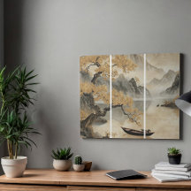 Elegant asiatisk landskaps triptyk väggkonst canva