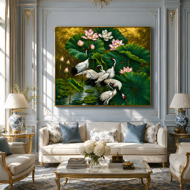Elegant asiatisk lotus- och trankranich guldolja m poster