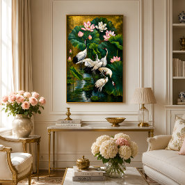 Elegant asiatisk lotus- och trankranich guldolja m poster