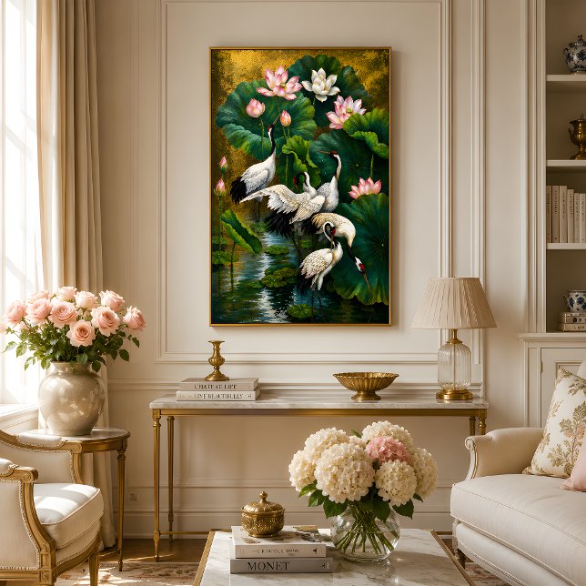 Elegant asiatisk lotus- och trankranich guldolja m poster (Skapare uppladdad)