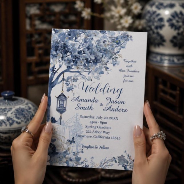 Elegant asiatiskt inspirerad romantisk bröllopsinb inbjudningar (AI Generated Hands Holding Card)