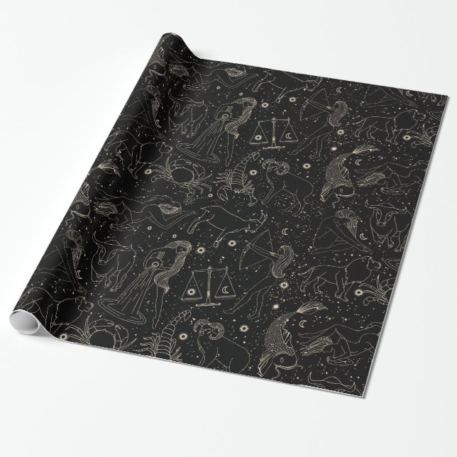 Elegant Astrology Zodiac Black/Guld Presentpapper (Utrullad)