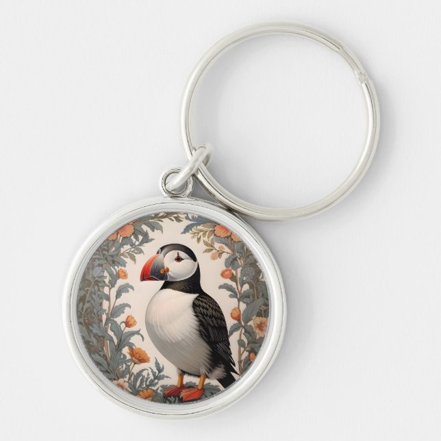 Elegant Atlantic Puffin William Morris Inspired Rund Silverfärgad Nyckelring (Framsidan)