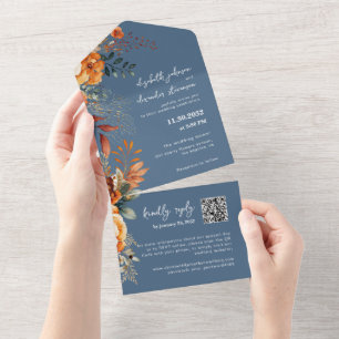 Elegant Automatisk Blommigt blå QR-kod bröllop