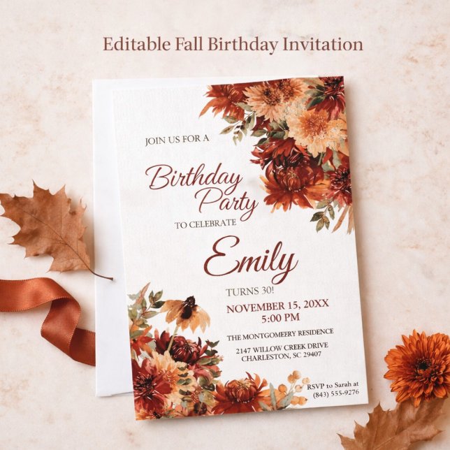 Elegant Autumn Floral Birthday Party Invitation Inbjudningar (Skapare uppladdad)