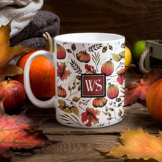 Elegant Autumn Harvest Pumpkins Fall Kaffemugg (Elegant Colorful Fall Harvest Pattern. Pumpkins, Autumn Leaves, Acorns and Berries.)